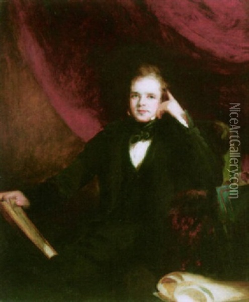 Portrait Of Sir William Webb Follett Wearing A Black Suit, And Holding A Book Oil Painting - Frederick Richard Say