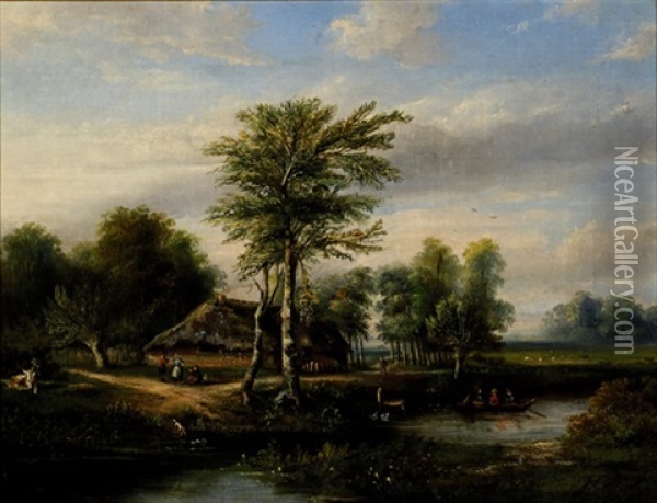 Figures Near A Farm In A Landscape Abound With Trees Oil Painting - Hermanus Jan Hendrik Rijkelijkhuysen
