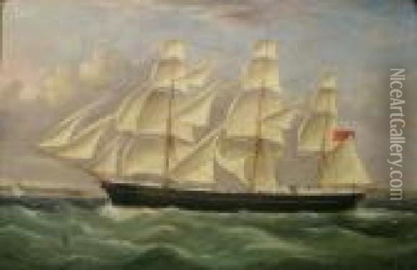 Three Masted British Schooner Off The Coast Oil Painting - William Webb