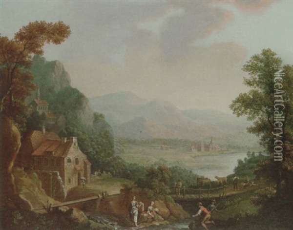 Figures By A Stream In A River Valley Oil Painting - Christian Georg Schuetz the Younger