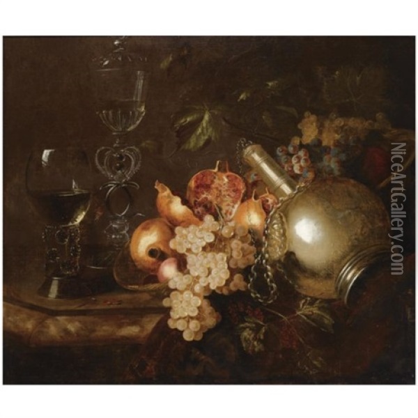 A Still Life Of Pomegranates, Grapes, A Silver Vessel, A Roemer And A Venetian Glass On A Marble Table Draped With A Cloth Oil Painting - Barend van der Meer