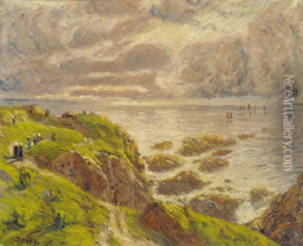 Figures On A Cliff-top Path Oil Painting - Karl Edvard Diriks