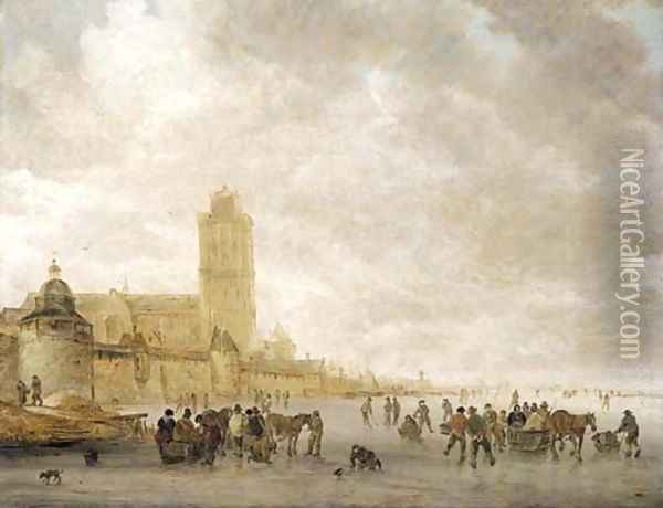 A winter landscape with skaters on the Maas in Dordrecht Oil Painting - Jan van Goyen