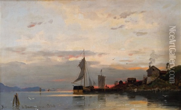 Fischerdorf Im Norwegischen Fjord Bei Sonnenuntergang Oil Painting - Georg Anton Rasmussen