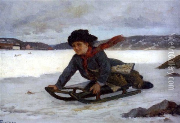 Kelkkailua Pohjoisrannan Jaalla Oil Painting - Adolf von Becker
