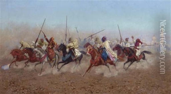 Charging Horsemen Outside The Northern Cemetery, Cairo Oil Painting - Giulio Rosati