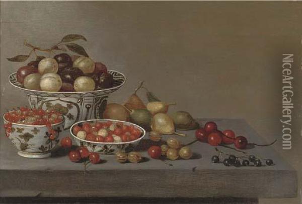 A Porcelain Bowl Of Plums Oil Painting - Pieter Claesz.