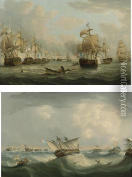 Trafalgar Morning: English 
Men-of-war Attacking The Line And Trafalgar Evening: The French And 
Spanish Fleet Returning To Cadiz Harbour, A Pair Of Works Oil Painting - Thomas Buttersworth