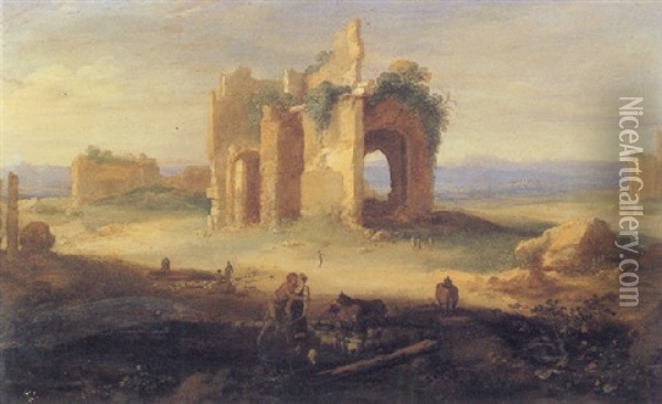 Italianate Landscape With Architectural Ruins And Rachel Kissing Laban Oil Painting - Bartholomeus Breenbergh