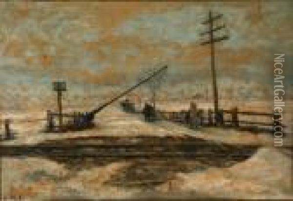 At The Railroad Crossing Oil Painting - Antal Berkes