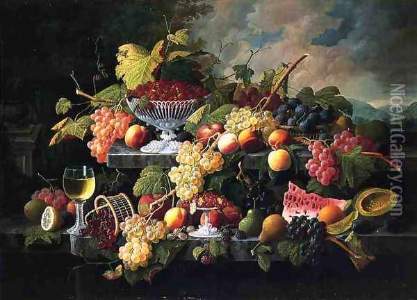 Fruit Still Life with Wine Glass in a Landscape Oil Painting - Severin Roesen