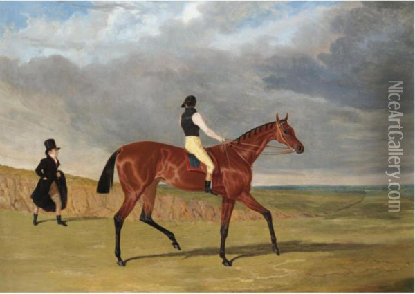 The Hon. Edward Petre's Bay Filly 
Matilda
, Winner Of The 1827 St Leger, With James Robinson Up And Trainer Jonathan Scott Oil Painting - John Frederick Herring Snr