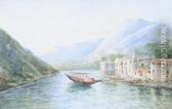 Italian River Scene With Rowing Boat Before Palaces. Oil Painting - Gianni