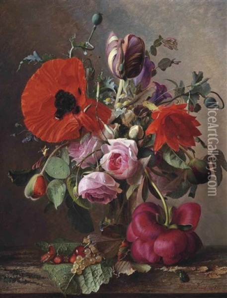 Poppies, Tulips And Roses In A Vase By Strawberries And Grapes On A Wooden Shelf Oil Painting - Theude Groenland