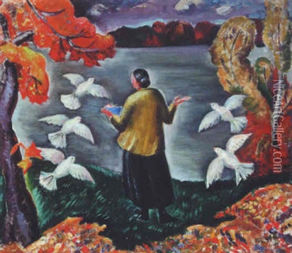 Woman With Doves In A Canadian Landscape Oil Painting - Sarah Margaret Armour Robertson