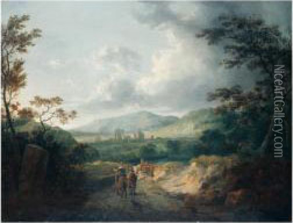Extensive Landscape With Rustics On A Path Oil Painting - George Arnald