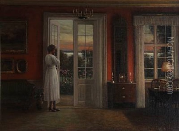 Drawing Room Interior With A Lady Enjoying The Sunset At The Garden Door Oil Painting - Hans Hilsoe