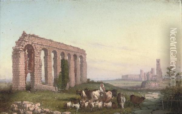 Herding Livestock On The Roman Campagna Oil Painting - Girolamo Gianni