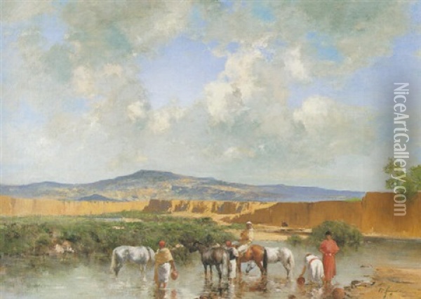 Watering At The Wadi Oil Painting - Victor Pierre Huguet