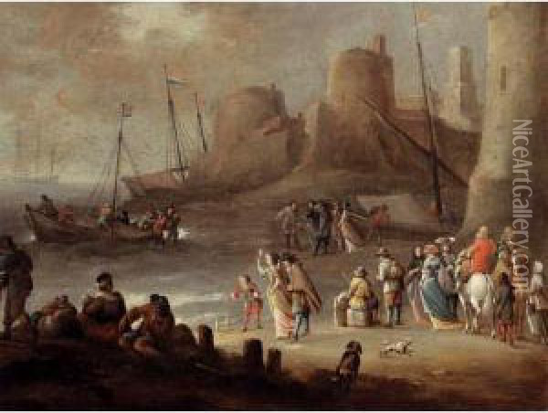A Mediterranean Coastal 
Landscape With Elegant Figures On A Beach With Fishermen Unloading Their
 Catch, A Fortified Town Beyond Oil Painting - Hieronymus Janssens