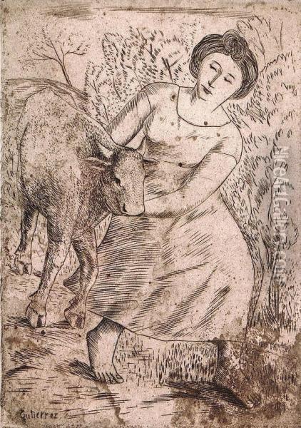 Mujer Y Toro Oil Painting - Francisco Gutierrez