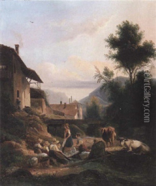 Blanchisseuses Pres D'un Ruisseau, Au Pied D'un Paysage Montagnard Oil Painting - Isidore Dagnan