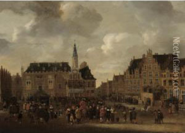A View Of The Grote Markt In 
Haarlem, Looking From The St. Bavo Church Towards The Town Hall Oil Painting - Cornelis Beelt