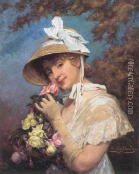 Ung Pige, Der Dufter Til En Lyserod Rose Oil Painting - Eugene Auguste Francois Deully