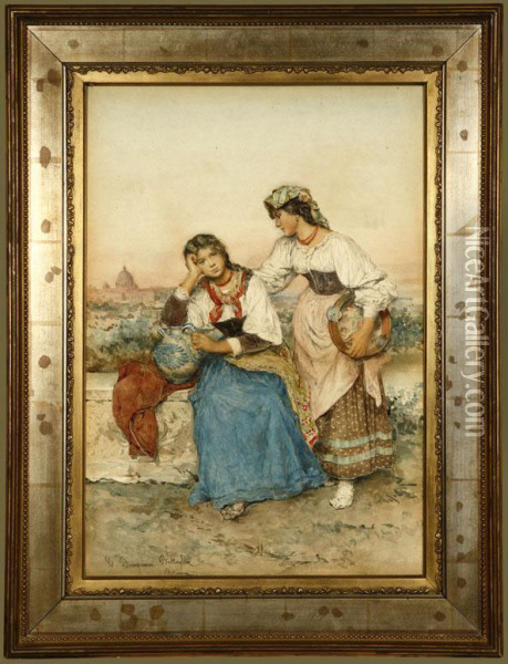 Two Roman Women Sitting On A Wall Oil Painting - Clelia Bompiani Battaglia