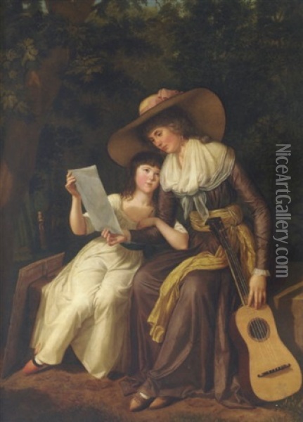 Double Portrait Of Mary, Countess Of Erne, With Her Daughter Lady Caroline Crichton, Later Lady Wharncliffe, Seated, The Former In A Brown Dress, The Latter Showing Her Mother A Drawing Oil Painting - Hugh Douglas Hamilton