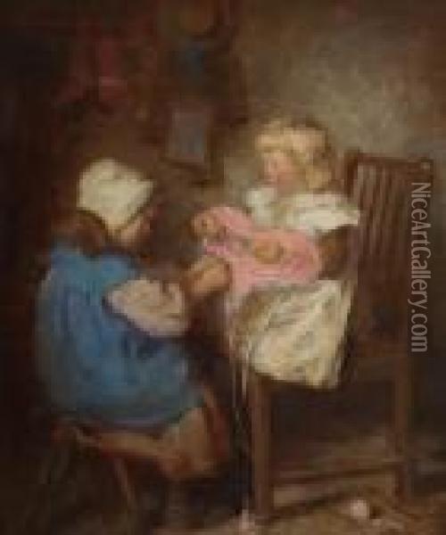 Little Knitters Oil Painting - Robert Gemmell Hutchison
