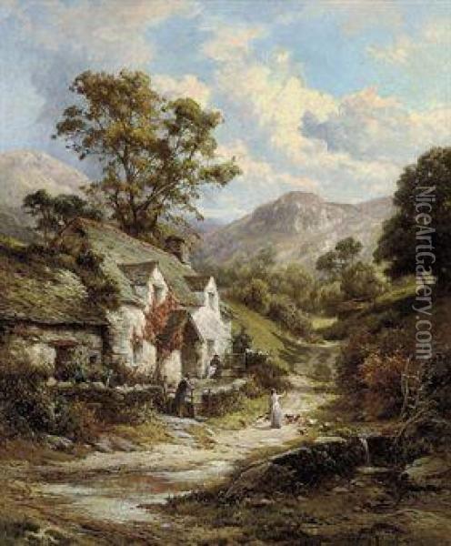 Figures And Chickens Before A Country Cottage Oil Painting - Edward Henry Holder