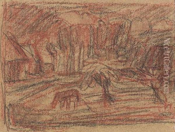 Village Square With Horse. 
Charcoal And Red Chalk On Paper. - Corners Minimally Creased. Margin 
Minimally Stained Oil Painting - Otto Modersohn