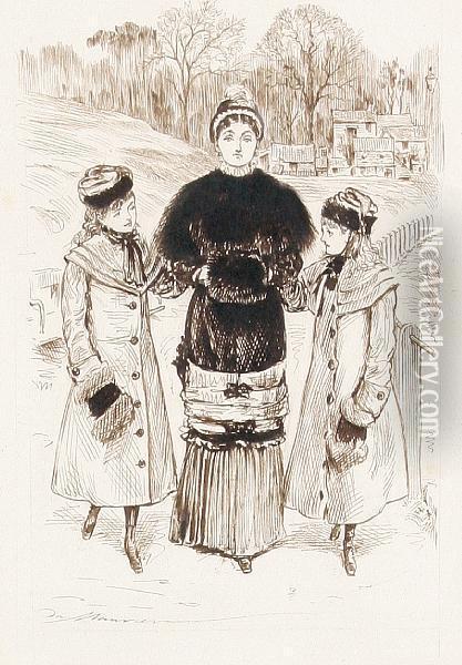 Punch Cartoon - Fashionable Lady And Twodaughters Oil Painting - George L. Du Maurier