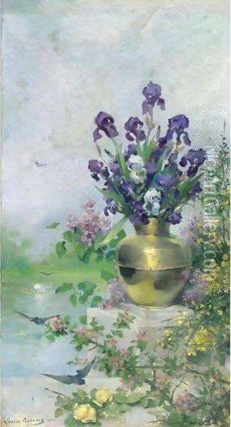 A Vase Of Irises On The Terrace Oil Painting - Louise Abbema