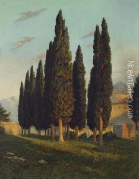 Landscape With Poplar Trees Oil Painting - Georg Macco