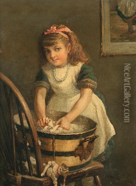 A Young Girl At A Washtub With Doll Oil Painting - Hamilton Jay