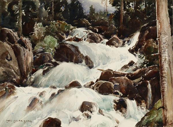 Waterfall In Lone Pine Creek In The High Sierras Oil Painting - Carl Oscar Borg