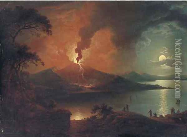 View of Mount Vesuvius errupting, with figures in the foreground Oil Painting - Sebastian Pether