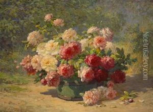 A Mixed Bouquet Of Roses In A Green Barrel Oil Painting - Abbott Fuller Graves
