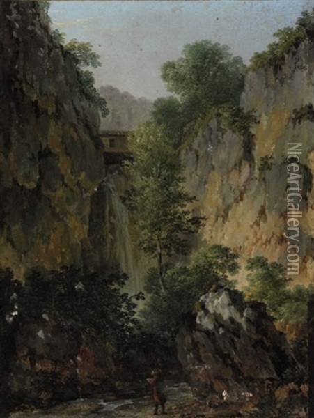 An Artist Sketching At A Waterfall Oil Painting - Pierre Antoine Marchais