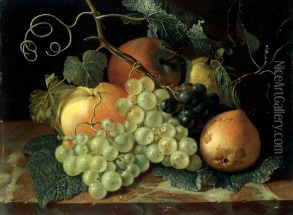 Fruchtestilleben Mit Trauben, Apfeln Und Birnen Auf Einer Marmorplatte Oil Painting - Cornelis Johannes Schaalje