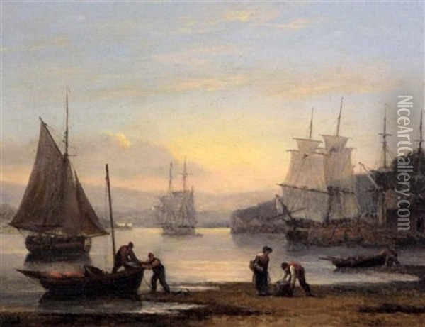 Harbour Scene At Sunset Oil Painting - Thomas Luny