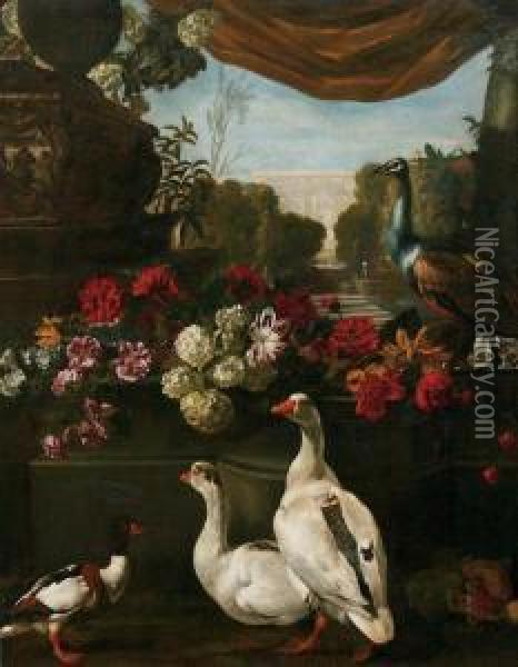A Duck, Geese And A Peacock In A Classical Garden Landscape Oil Painting - Peeter Boel