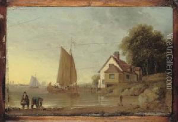 An Estuary Scene With Figures And Fishing Boats Oil Painting - William Anderson