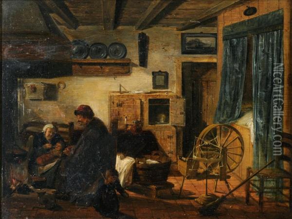 A Peasant Family In An Interior Oil Painting - Hans Bollongier