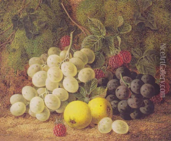 Still Life With Grapes, Rasberries And Apples On A Mossy Bank Oil Painting - George Clare
