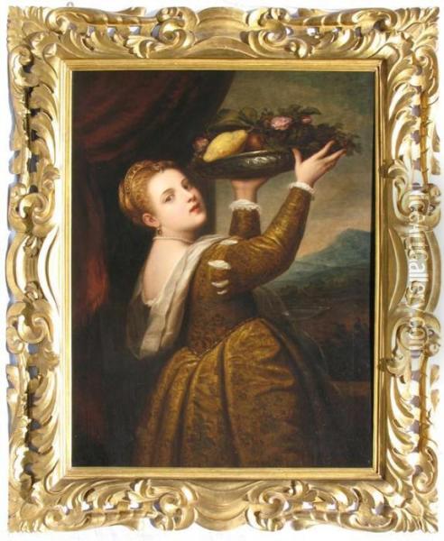 Portrait Of Lavinia The Artist's Daughter With A Bowl Of Fruit Oil Painting - Tiziano Vecellio (Titian)