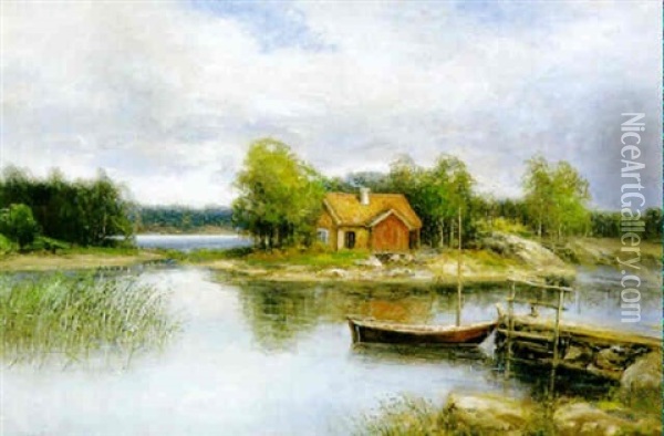 Skargardsvik Med Stuga Och Eka Oil Painting - Johan Severin Nilsson