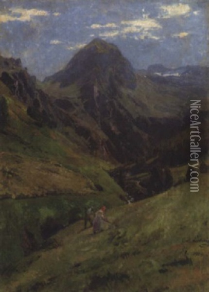 Bauernpaar Bei Der Heuernte Im Hochgebirgstal Oil Painting - Carl Julius E. Ludwig